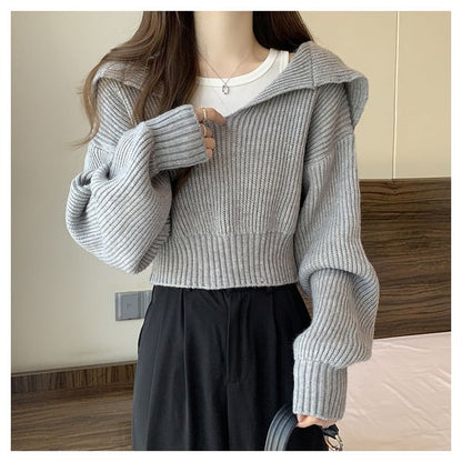 Cropped Sailor-Collar Loose Knit Sweater SpreePicky