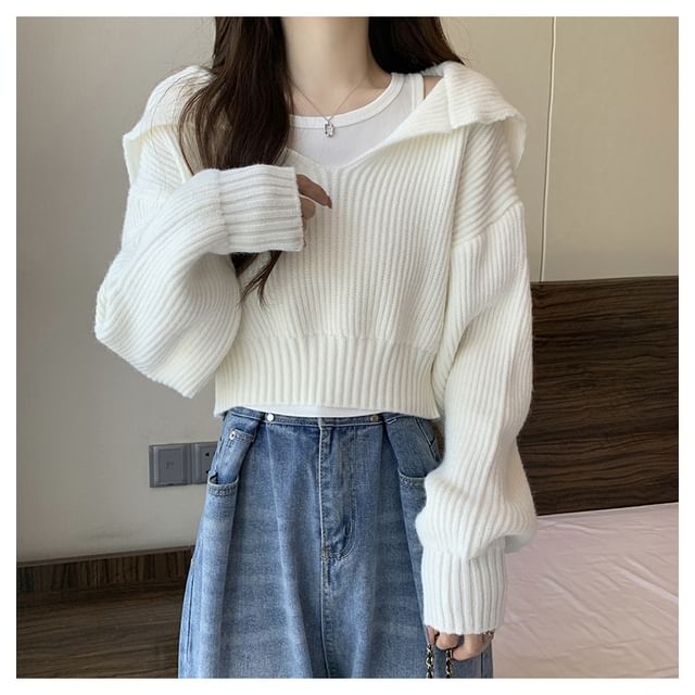 Cropped Sailor-Collar Loose Knit Sweater SpreePicky