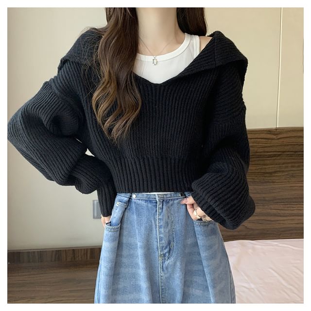 Cropped Sailor-Collar Loose Knit Sweater SpreePicky