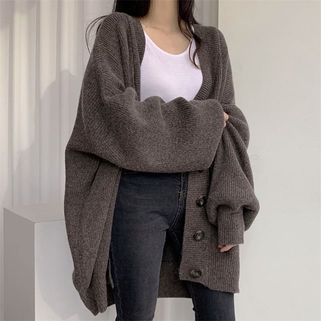 Oversized Bubble-Sleeve V-Neck Cardigan SpreePicky