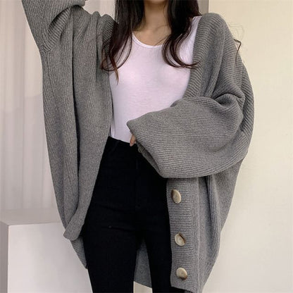 Oversized Bubble-Sleeve V-Neck Cardigan SpreePicky