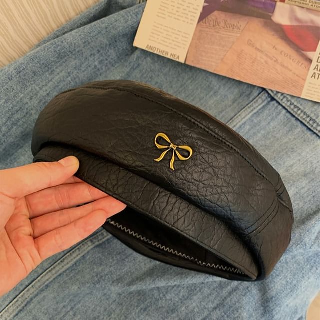 Ribbon Accent Faux Leather Beret SpreePicky