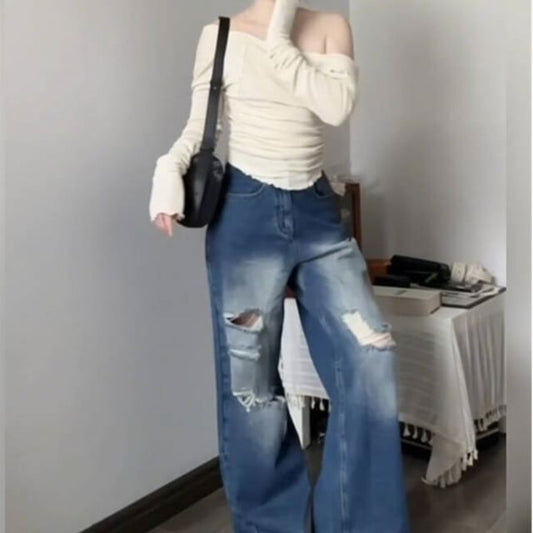 High Waist Washed Distressed Wide Leg Jeans SpreePicky