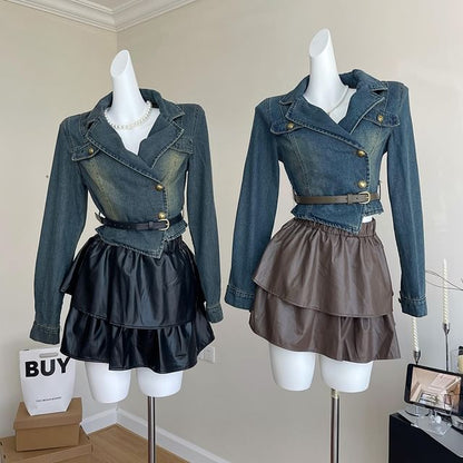 Set: Lapel Collar Denim Jacket + Faux Leather Mini Skirt + Belt SpreePicky