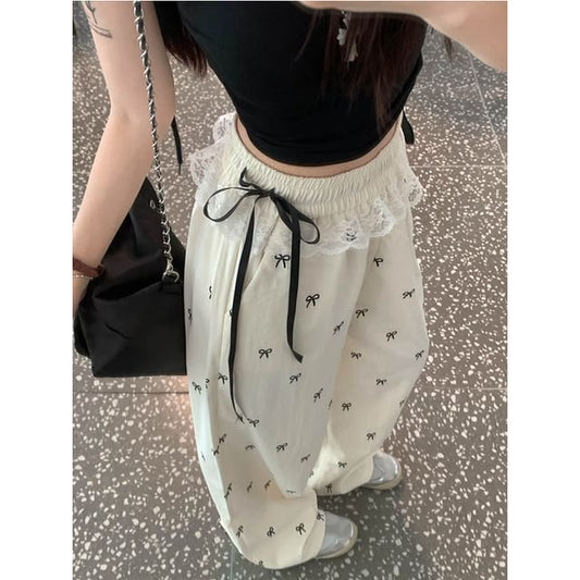 High Rise Ribbon Print Wide Leg Pants SpreePicky