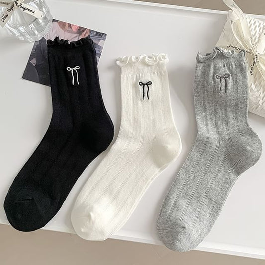 Ruffle Trim Bow Crew Socks SpreePicky