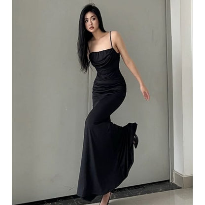 Spaghetti Strap Cowl Neck Plain Ruched Mermaid Evening Dress SpreePicky