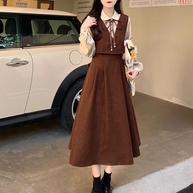 Mock Two-Piece Long-Sleeve Corduroy Two Tone Midi A-Line Dress SpreePicky