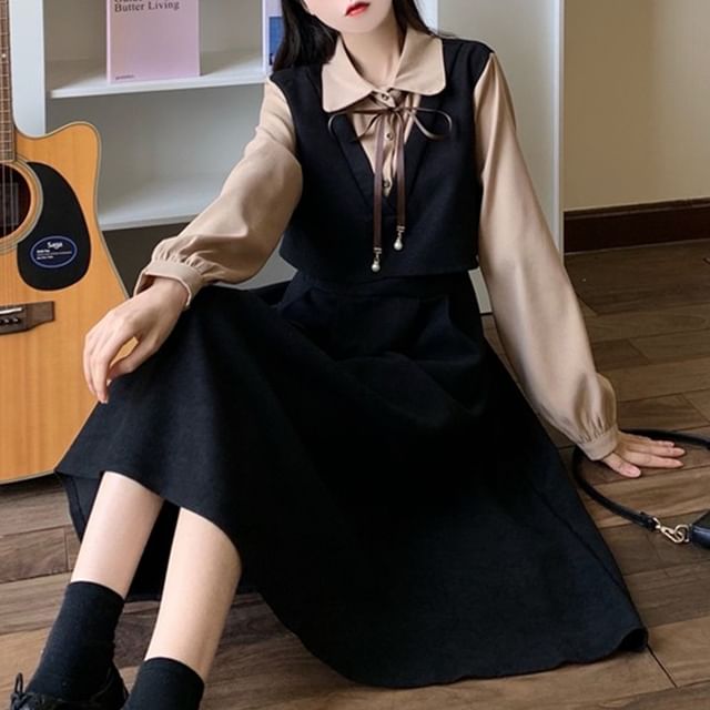 Mock Two-Piece Long-Sleeve Corduroy Two Tone Midi A-Line Dress SpreePicky