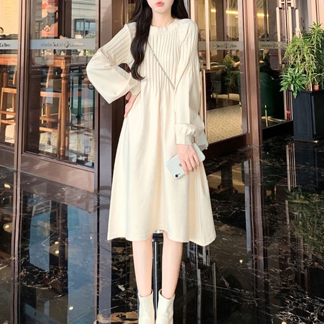 Long-Sleeve Crewneck Plain Knit A-Line Dress SpreePicky