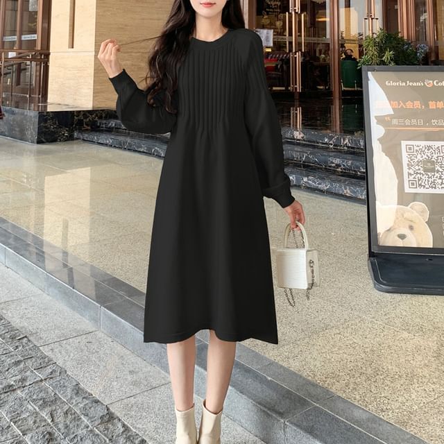 Long-Sleeve Crewneck Plain Knit A-Line Dress SpreePicky