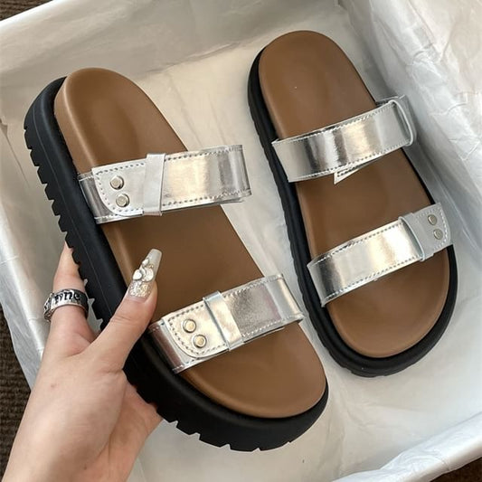 Platform Plain Faux Leather Slide Sandals SpreePicky