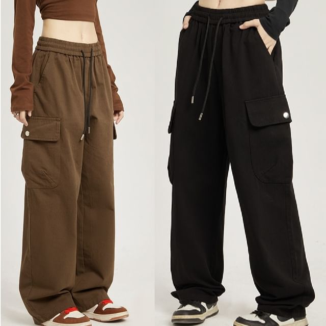 Low Rise Plain Pocket Loose-Fit Wide-Leg Sweatpants SpreePicky