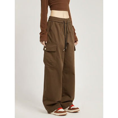 Low Rise Plain Pocket Loose-Fit Wide-Leg Sweatpants SpreePicky