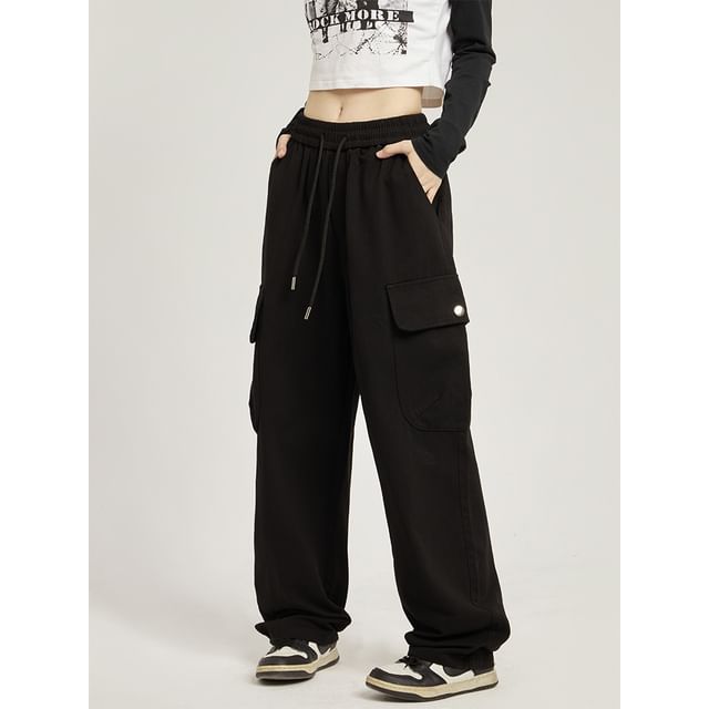 Low Rise Plain Pocket Loose-Fit Wide-Leg Sweatpants SpreePicky