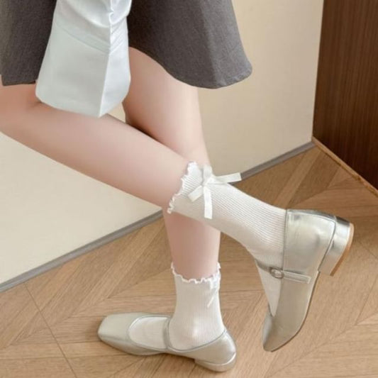 Plain Bow Lettuce Edge Ribbed Socks mySite