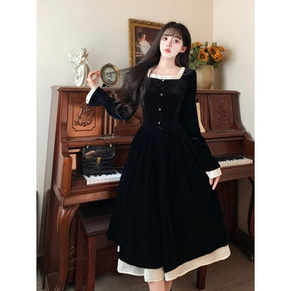 Long Sleeve Square Neck Frill Mock Two Piece Velvet Midi A-Line Dress SpreePicky