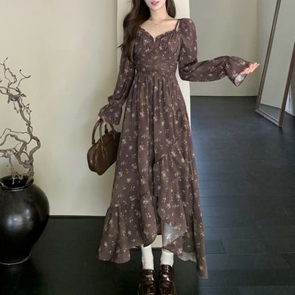 Long Sleeve V-Neck Floral Print Ruffle Ruched Midi A-Line Dress SpreePicky