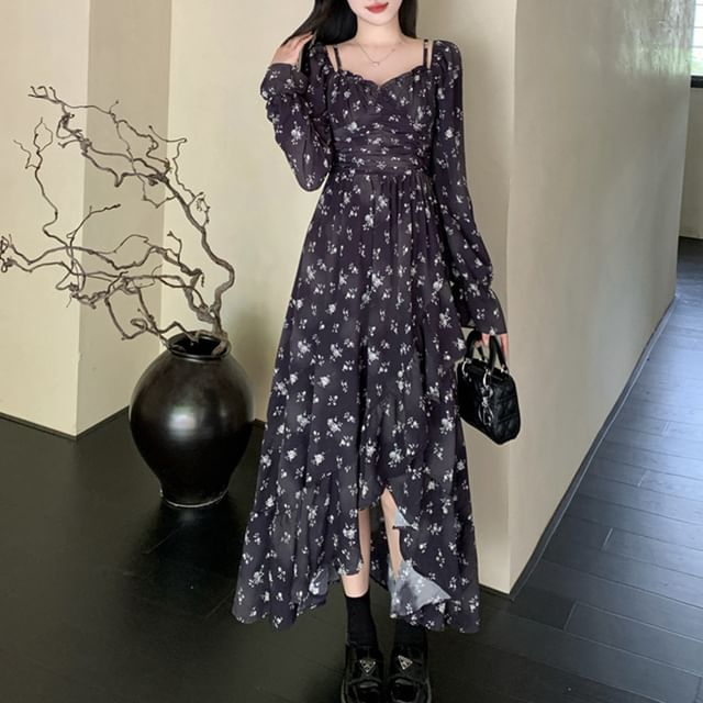 Long Sleeve V-Neck Floral Print Ruffle Ruched Midi A-Line Dress SpreePicky