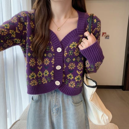 V-Neck Floral-Print Cropped Cardigan SpreePicky