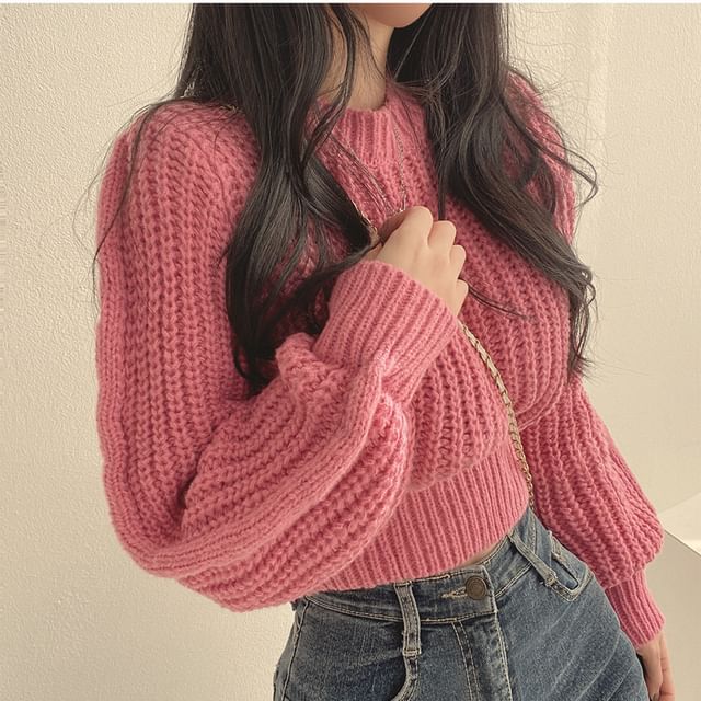 Soft Bubble-Sleeve Cropped Sweater SpreePicky