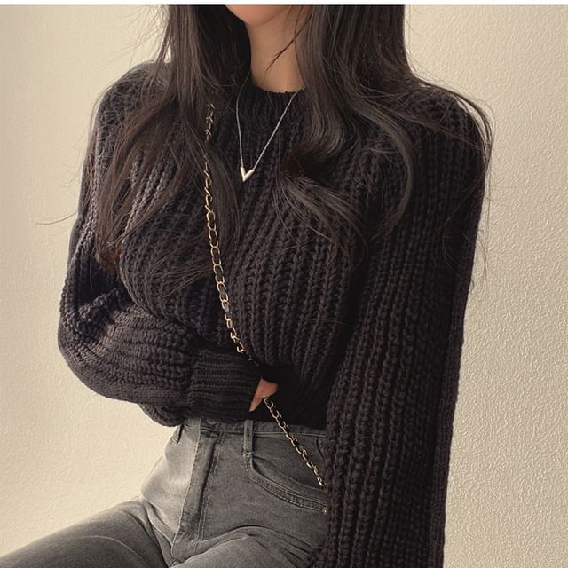 Soft Bubble-Sleeve Cropped Sweater SpreePicky