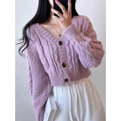 Cropped Cable-Knit V-Neck Cardigan SpreePicky