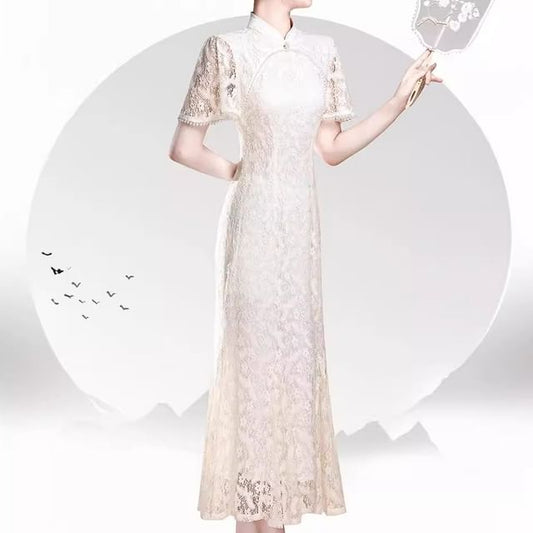 Short Sleeve Mandarin Collar Lace Midi Sheath Dress SpreePicky