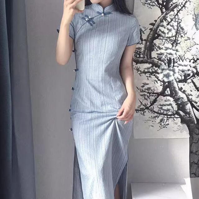 Short Sleeve Mandarin Collar Striped Maxi Bodycon Dress SpreePicky