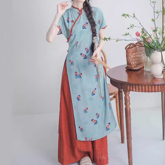 Short-Sleeve Floral Slit Midi Qipao / Mid Waist Wide Leg Pants / Set SpreePicky