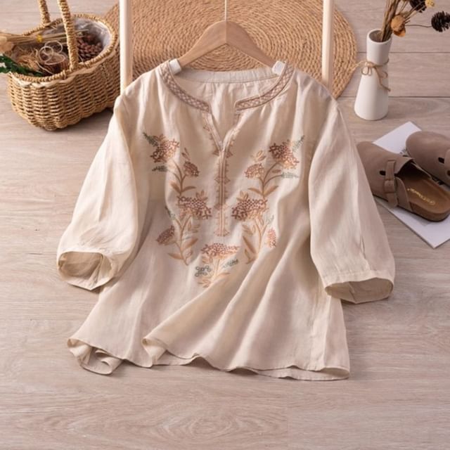 3/4-Sleeve Notch Neck Floral Embroidered Linen Blouse SpreePicky