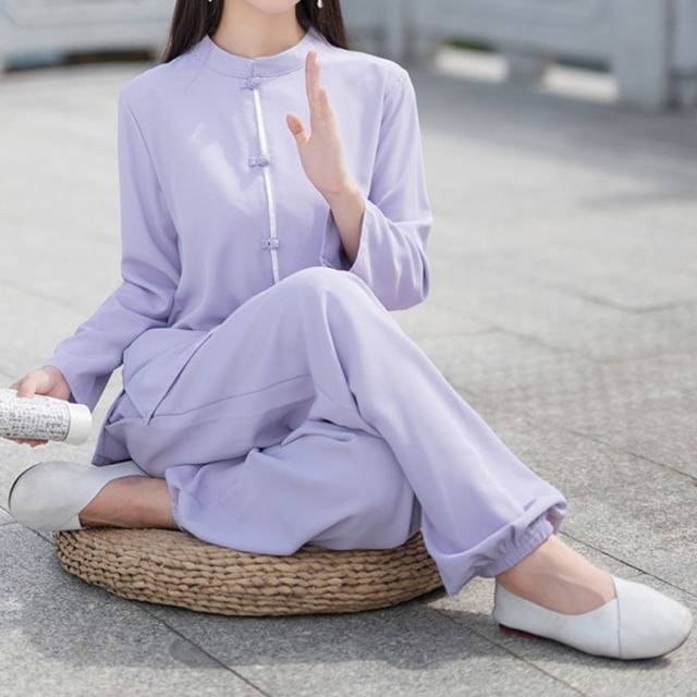 Set: Long-Sleeve Band Collar Plain Hanfu Blouse + Mid Rise Plain Wide Leg Pants SpreePicky