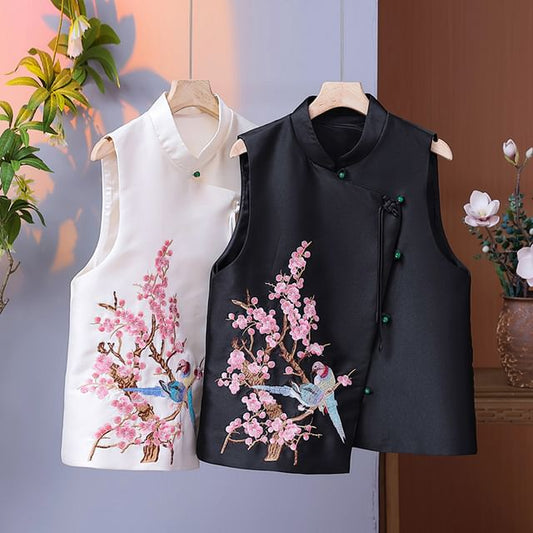 Mandarin Collar Embroidered Bird Floral Button Vest SpreePicky