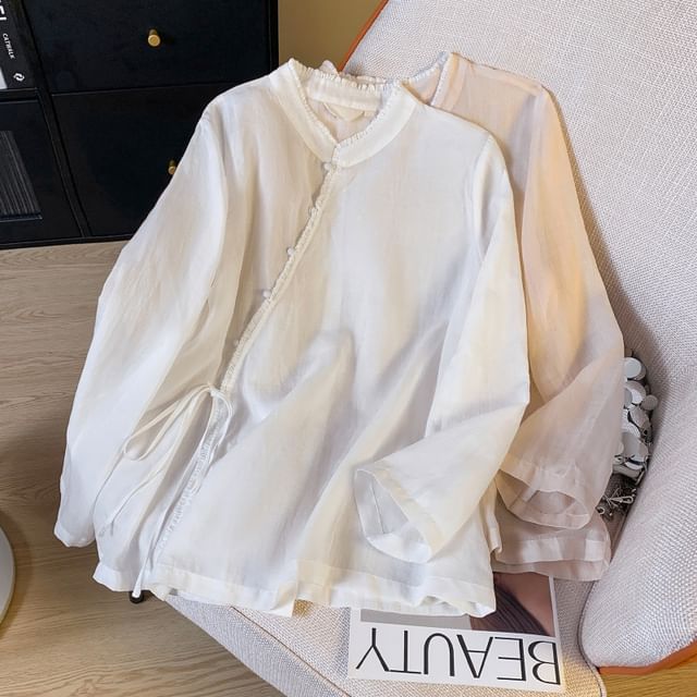 Long Sleeve Band Collar Plain Hanfu Blouse SpreePicky