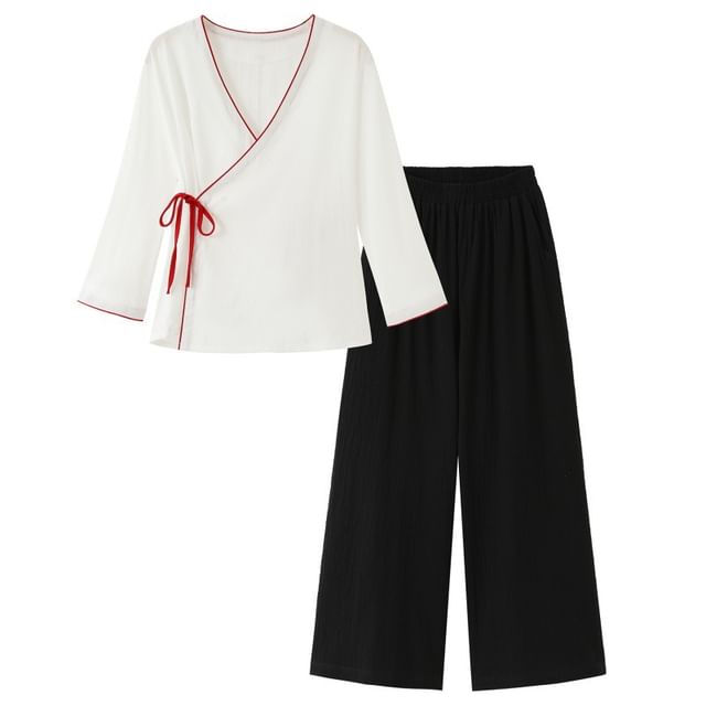 Long-Sleeve V-Neck Contrast Trim Hanfu Top / Mid Rise Plain Wide Leg Pants SpreePicky