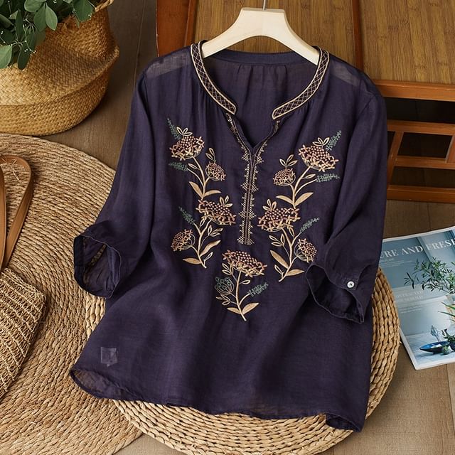 3/4-Sleeve Notch Neck Floral Embroidered Linen Blouse SpreePicky