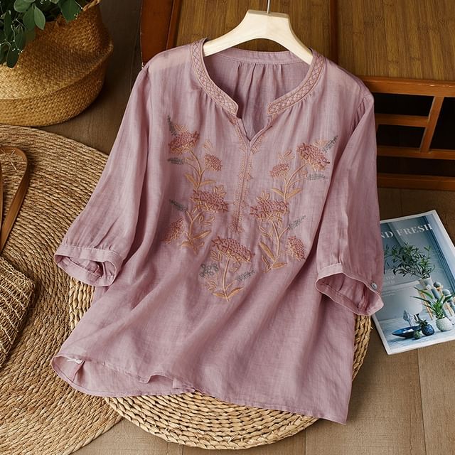 3/4-Sleeve Notch Neck Floral Embroidered Linen Blouse SpreePicky