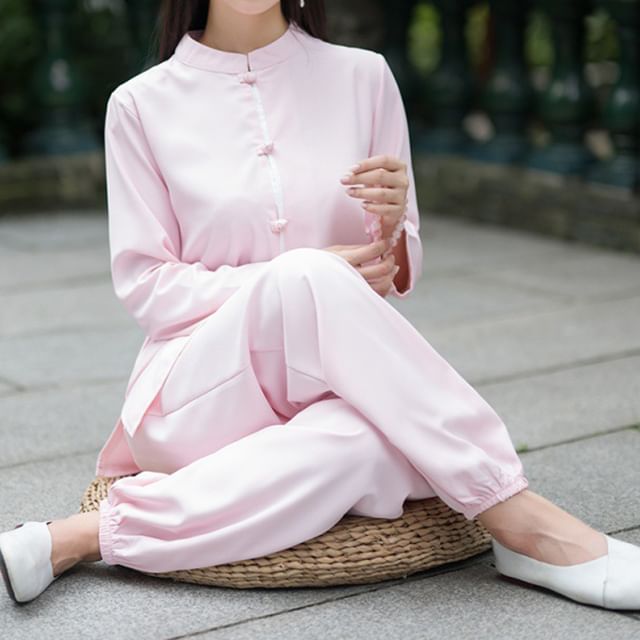 Set: Long-Sleeve Band Collar Plain Hanfu Blouse + Mid Rise Plain Wide Leg Pants SpreePicky