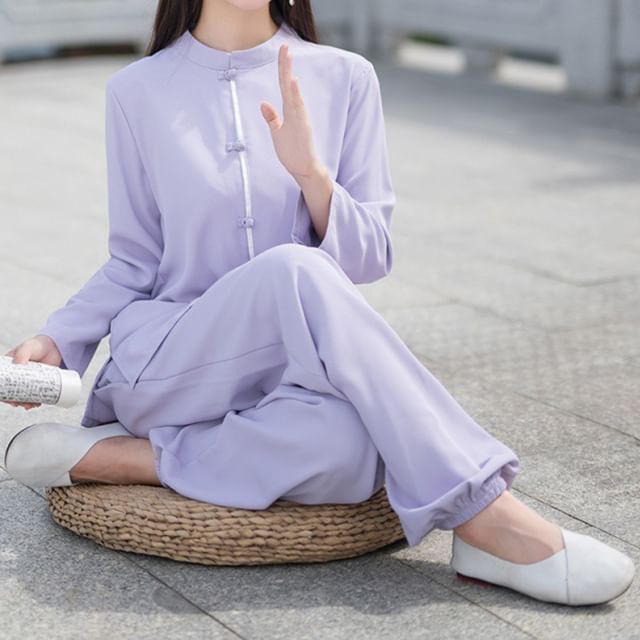 Set: Long-Sleeve Band Collar Plain Hanfu Blouse + Mid Rise Plain Wide Leg Pants SpreePicky