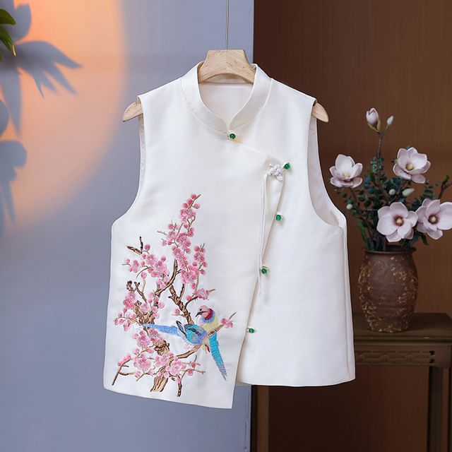 Mandarin Collar Embroidered Bird Floral Button Vest SpreePicky