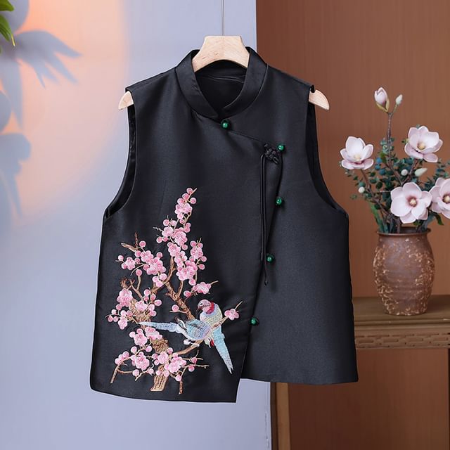 Mandarin Collar Embroidered Bird Floral Button Vest SpreePicky