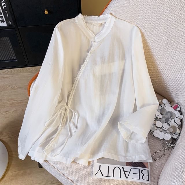 Long Sleeve Band Collar Plain Hanfu Blouse SpreePicky