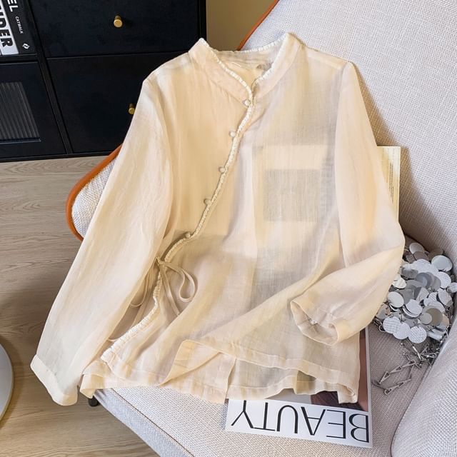 Long Sleeve Band Collar Plain Hanfu Blouse SpreePicky