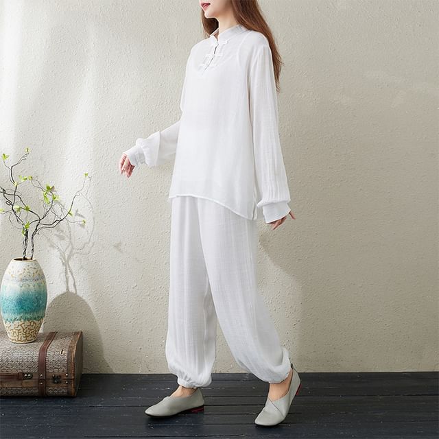 Set: Long-Sleeve Band Collar Plain Hanfu Top + Plain Camisole Top + Mid Rise Plain Harem Pants SpreePicky