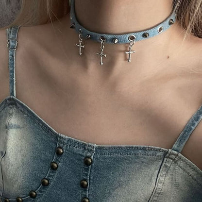 Studded Denim Choker SpreePicky