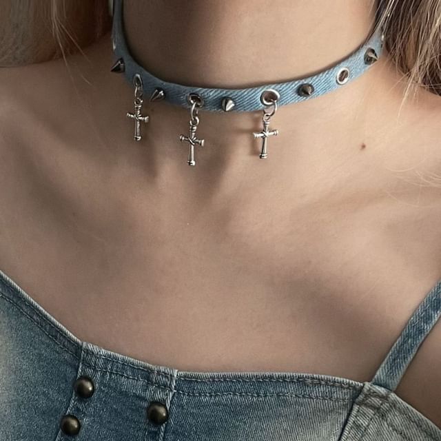 Studded Denim Choker SpreePicky