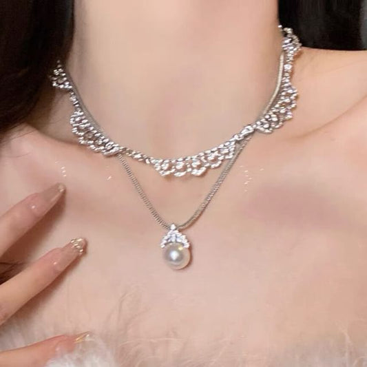 Faux Pearl Pendant Necklace / Rhinestone Lace-Shaped Necklace mySite