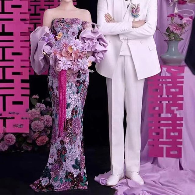 Strapless Gown Sequin Evening Mermaid Floral FashionChic