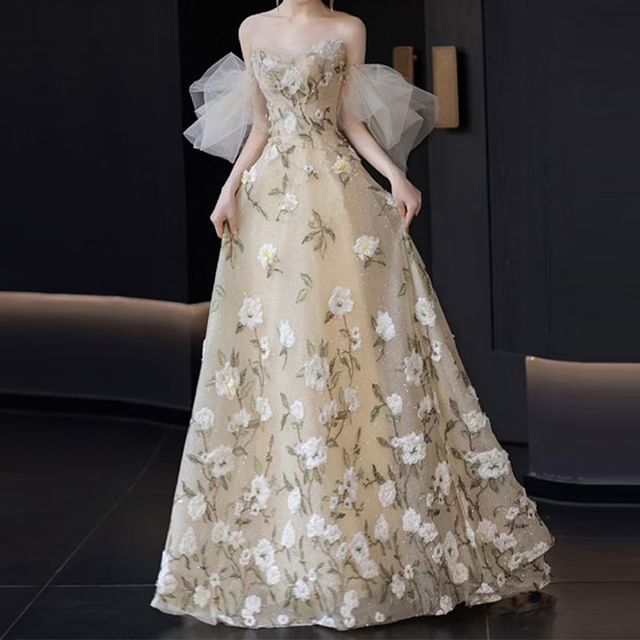 A-Line Embroidered Gown Floral Strapless Evening FashionChic