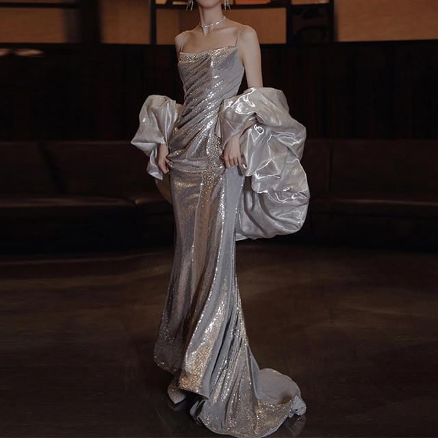 Evening Spaghetti Sequin Mermaid Strap Gown FashionChic